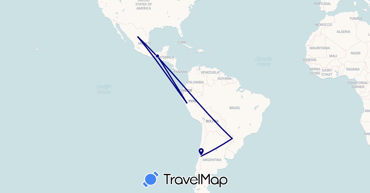 TravelMap itinerary: driving in Chile, Mexico, Peru, Paraguay (North America, South America)